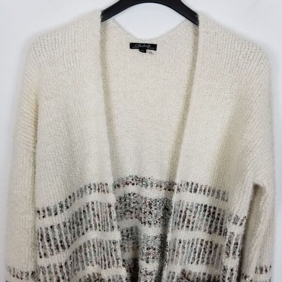 Charlie B Women Textured Fizzy Cardigan Sweater Sz L Beige Long Open Front Cozy - Picture 2 of 7